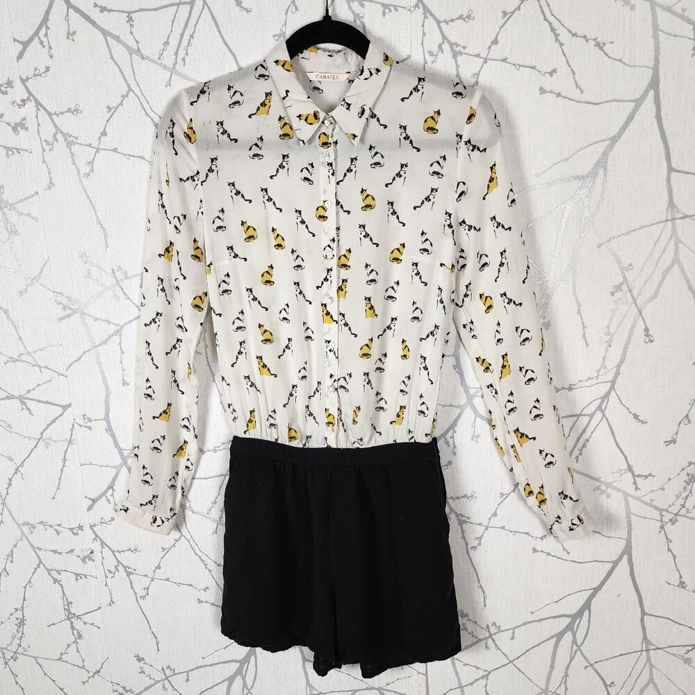 Camaieu Cats Print Button Up Romper